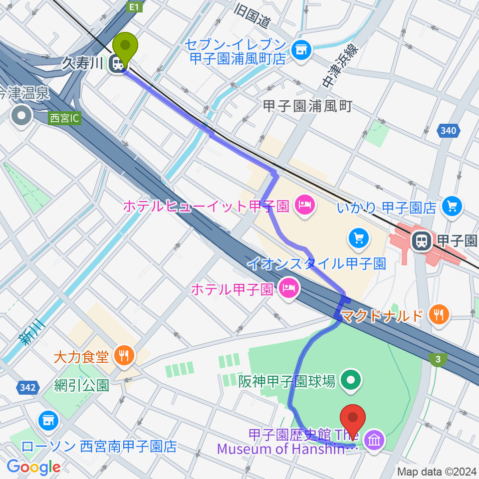 久寿川駅から阪神甲子園球場へのルートマップ地図