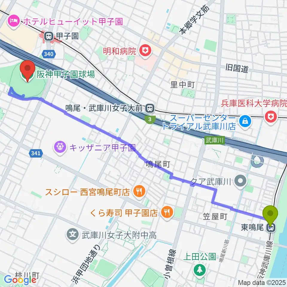 東鳴尾駅から阪神甲子園球場へのルートマップ地図