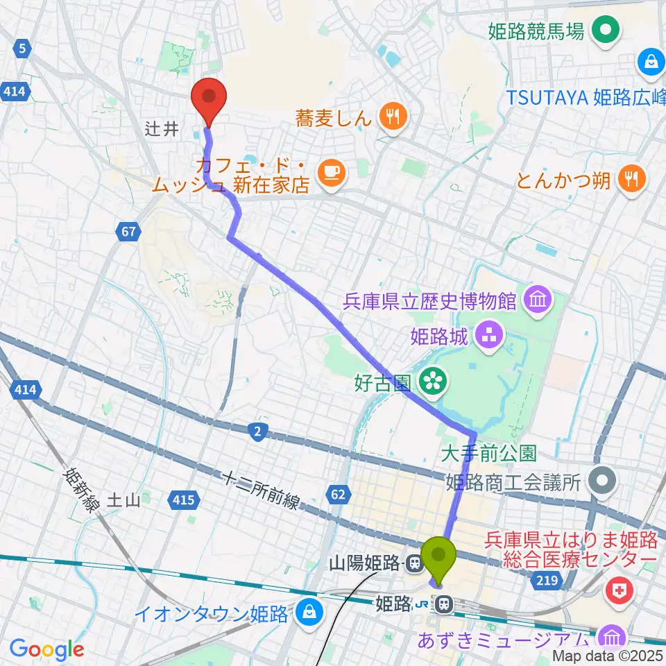 姫路駅からパルナソスホールへのルートマップ地図