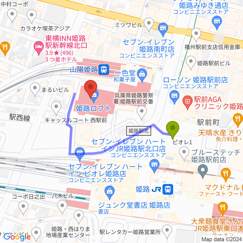 姫路キャスパホールの最寄駅姫路駅からの徒歩ルート（約3分）地図