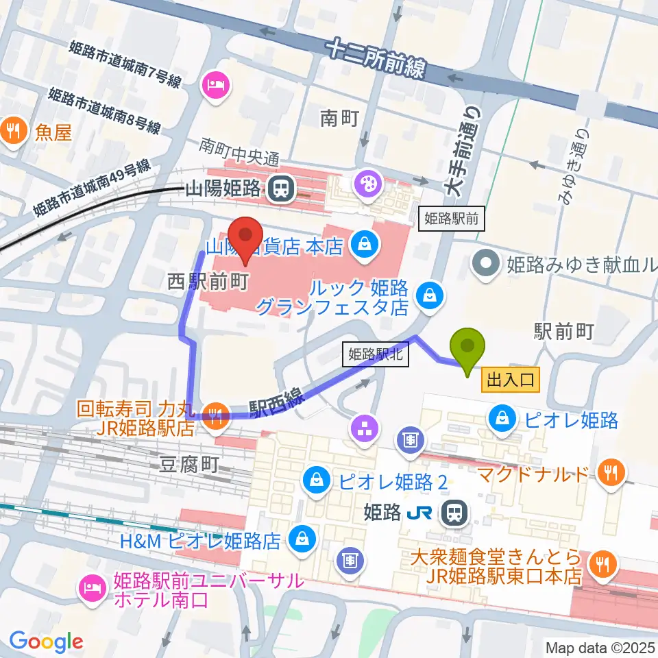 姫路キャスパホールの最寄駅姫路駅からの徒歩ルート（約3分）地図