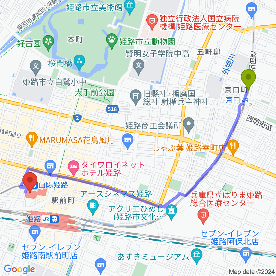 京口駅から姫路キャスパホールへのルートマップ地図