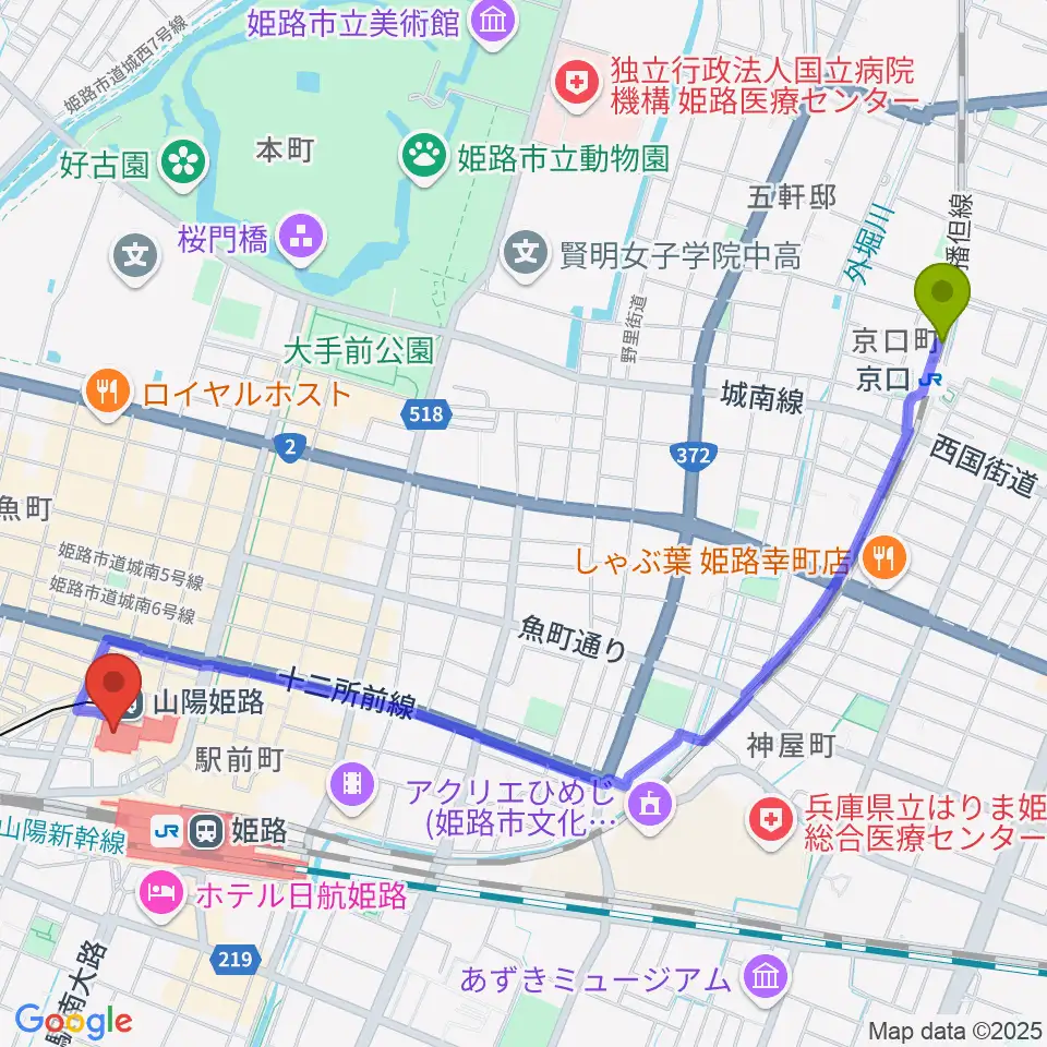 京口駅から姫路キャスパホールへのルートマップ地図