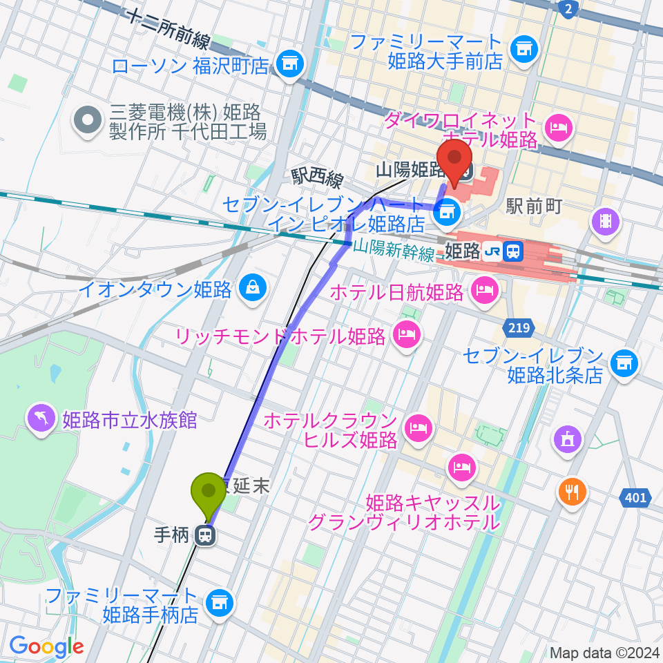 手柄駅から姫路キャスパホールへのルートマップ地図