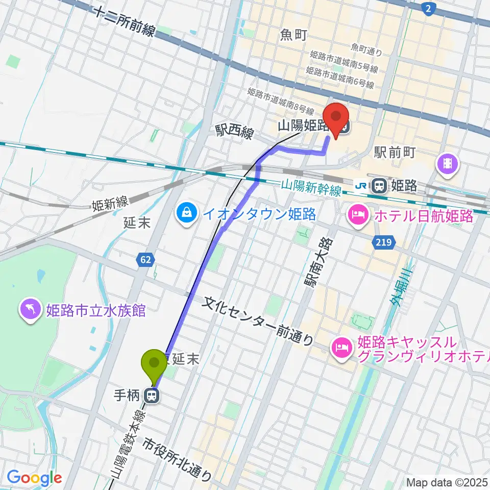 手柄駅から姫路キャスパホールへのルートマップ地図