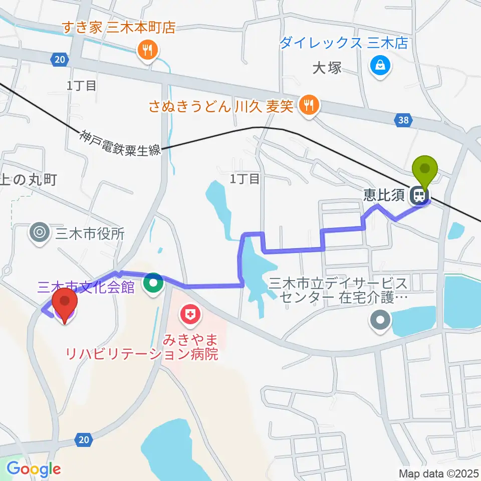 恵比須駅から三木市文化会館へのルートマップ地図
