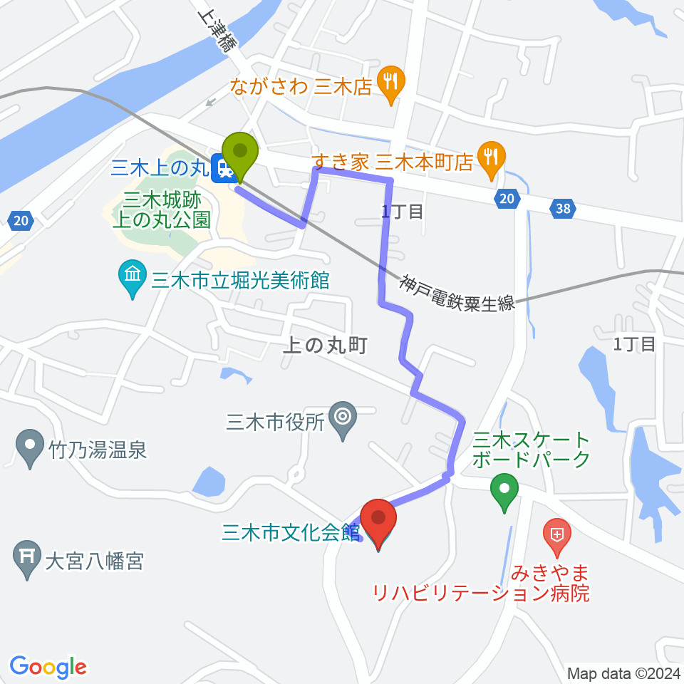 三木市文化会館の最寄駅三木上の丸駅からの徒歩ルート（約9分）地図