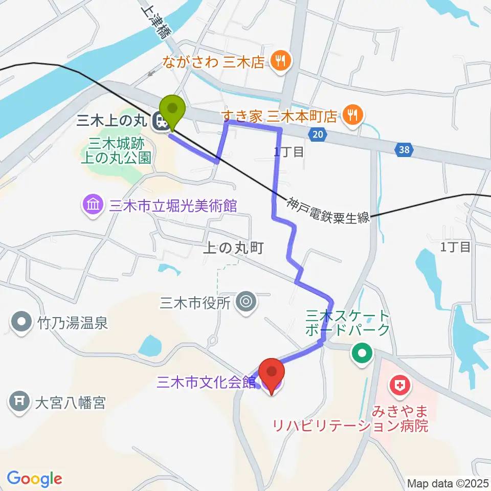 三木市文化会館の最寄駅三木上の丸駅からの徒歩ルート（約9分）地図