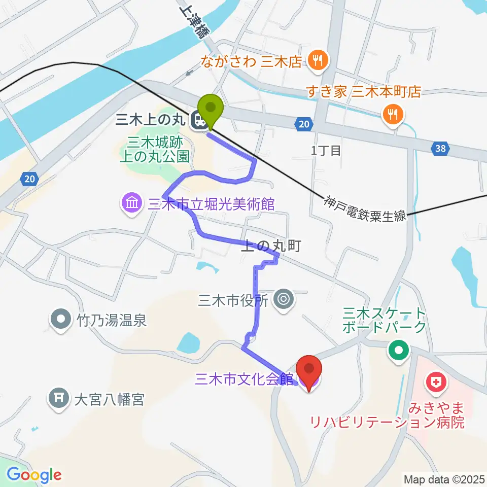 三木市文化会館の最寄駅三木上の丸駅からの徒歩ルート（約9分）地図