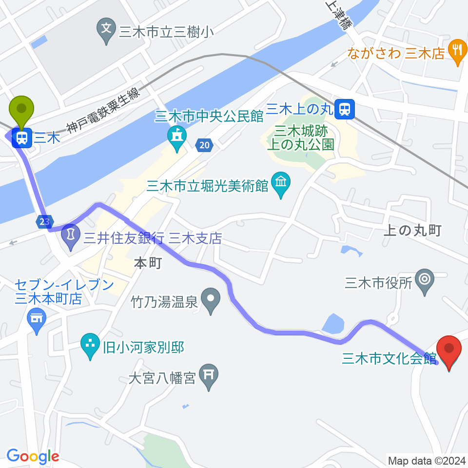 三木駅から三木市文化会館へのルートマップ地図