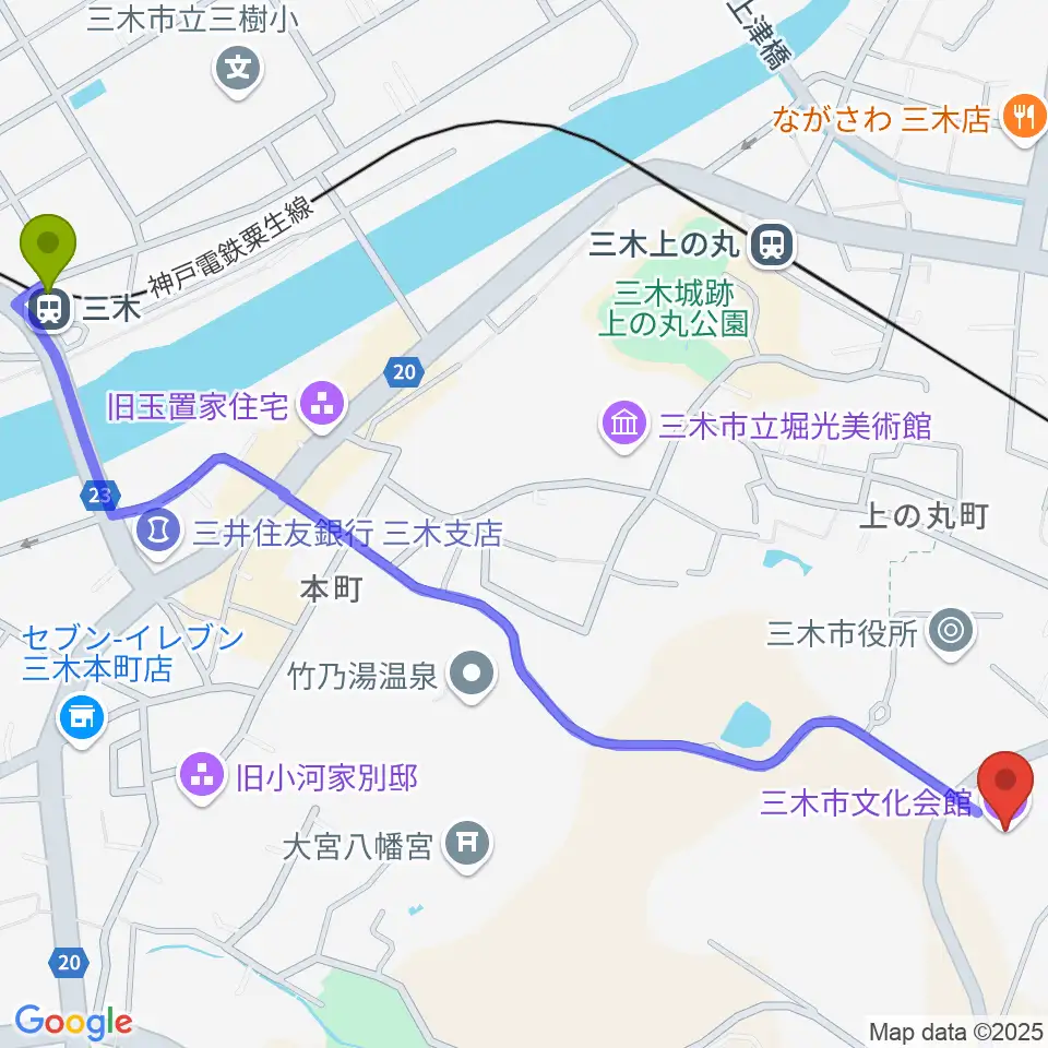 三木駅から三木市文化会館へのルートマップ地図