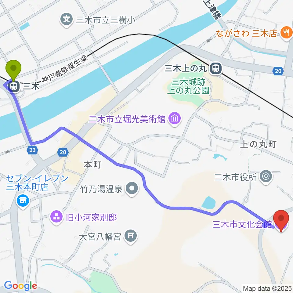 三木駅から三木市文化会館へのルートマップ地図
