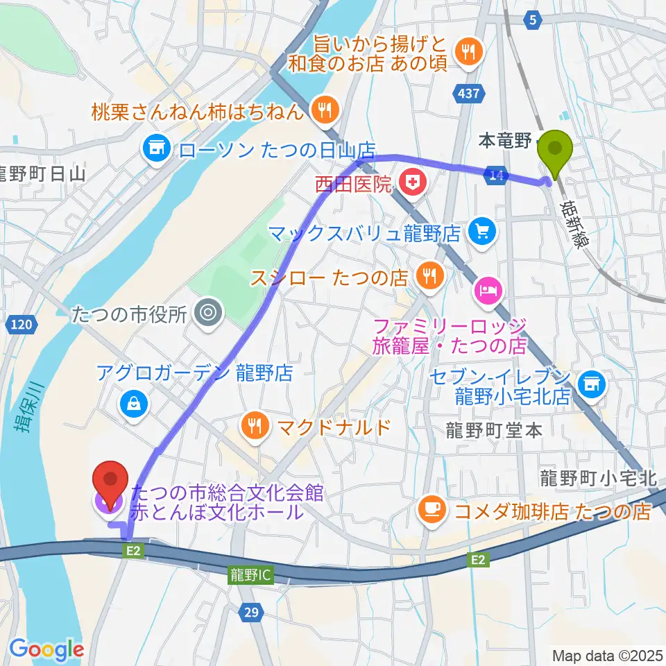 赤とんぼ文化ホールの最寄駅本竜野駅からの徒歩ルート（約26分）地図