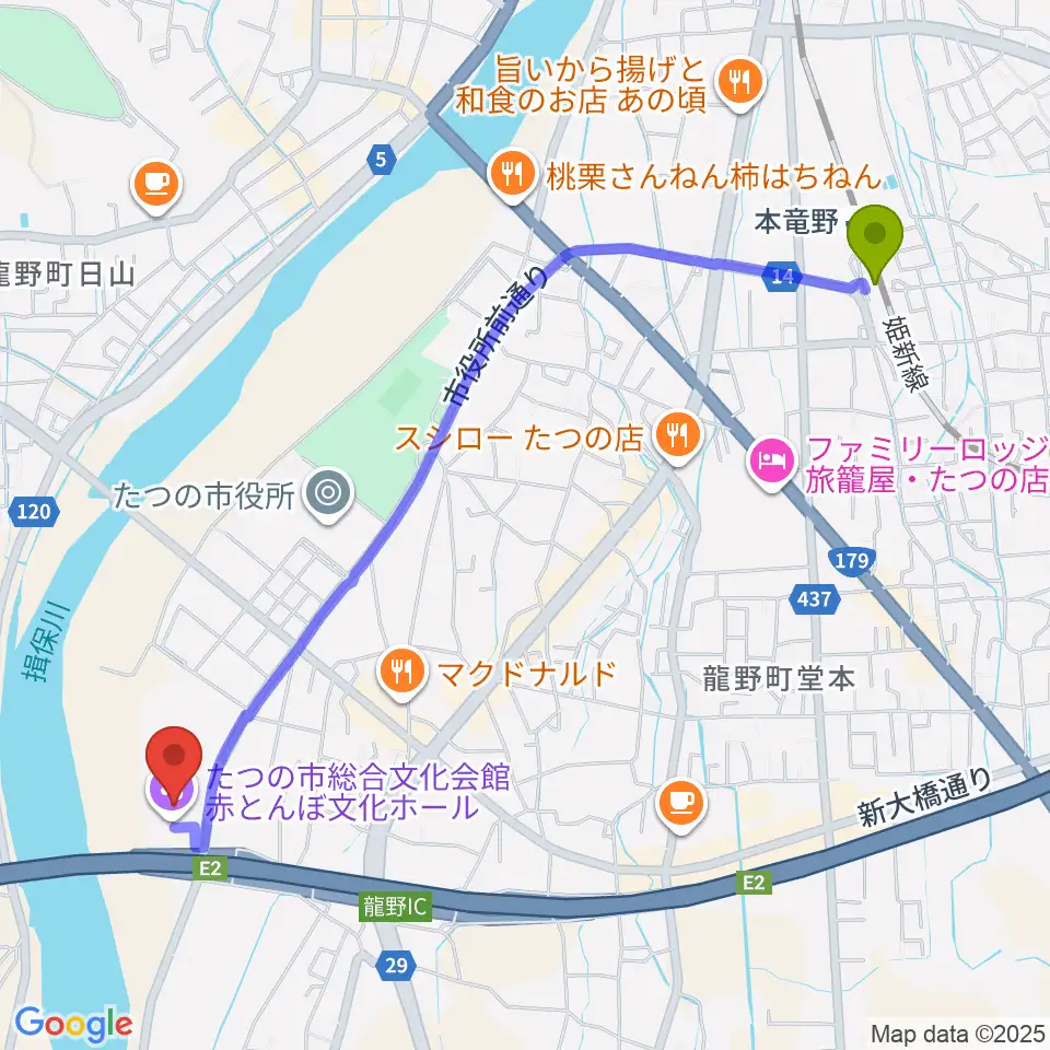 赤とんぼ文化ホールの最寄駅本竜野駅からの徒歩ルート（約26分）地図