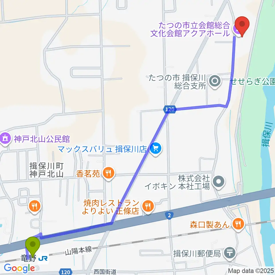 たつの市総合文化会館アクアホールの最寄駅竜野駅からの徒歩ルート（約17分）地図