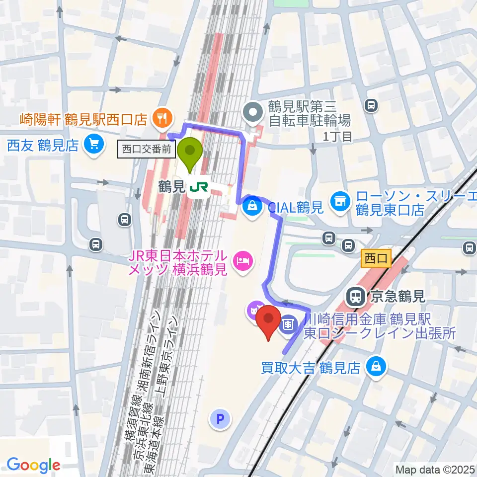 鶴見新堀ギター音楽院の最寄駅鶴見駅からの徒歩ルート（約3分）地図