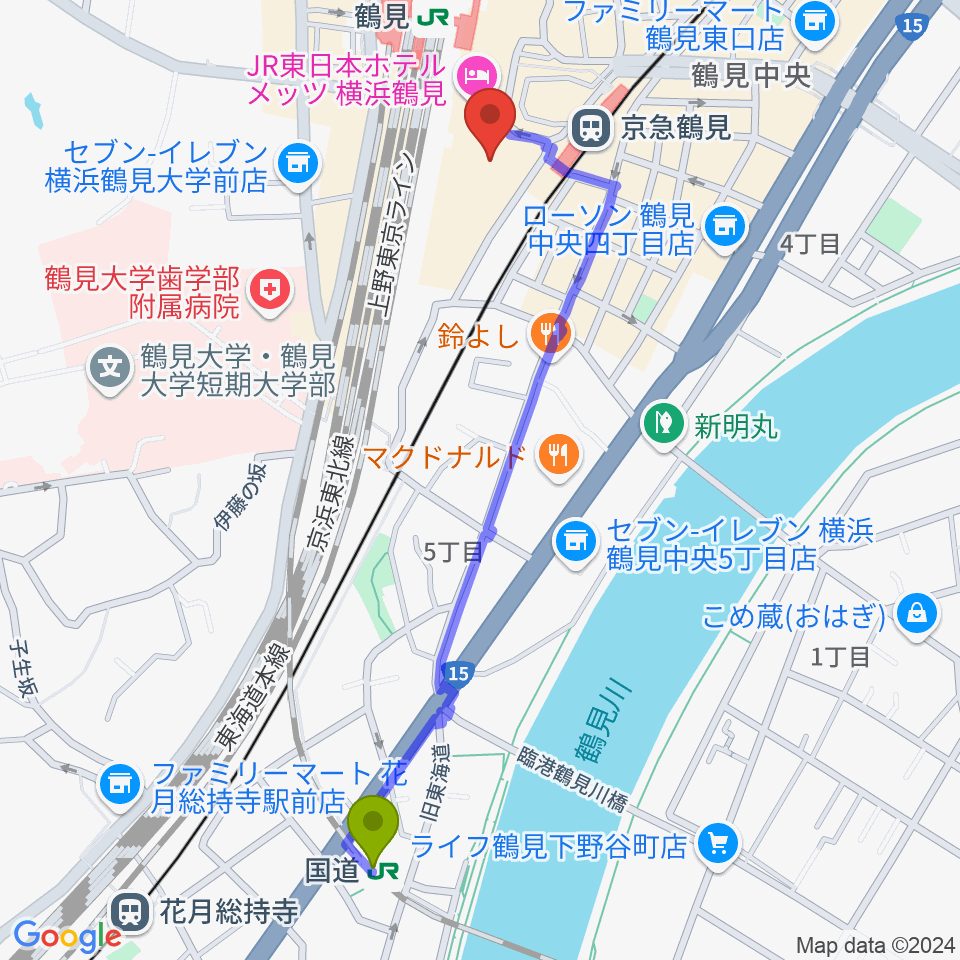 国道駅から鶴見新堀ギター音楽院へのルートマップ地図