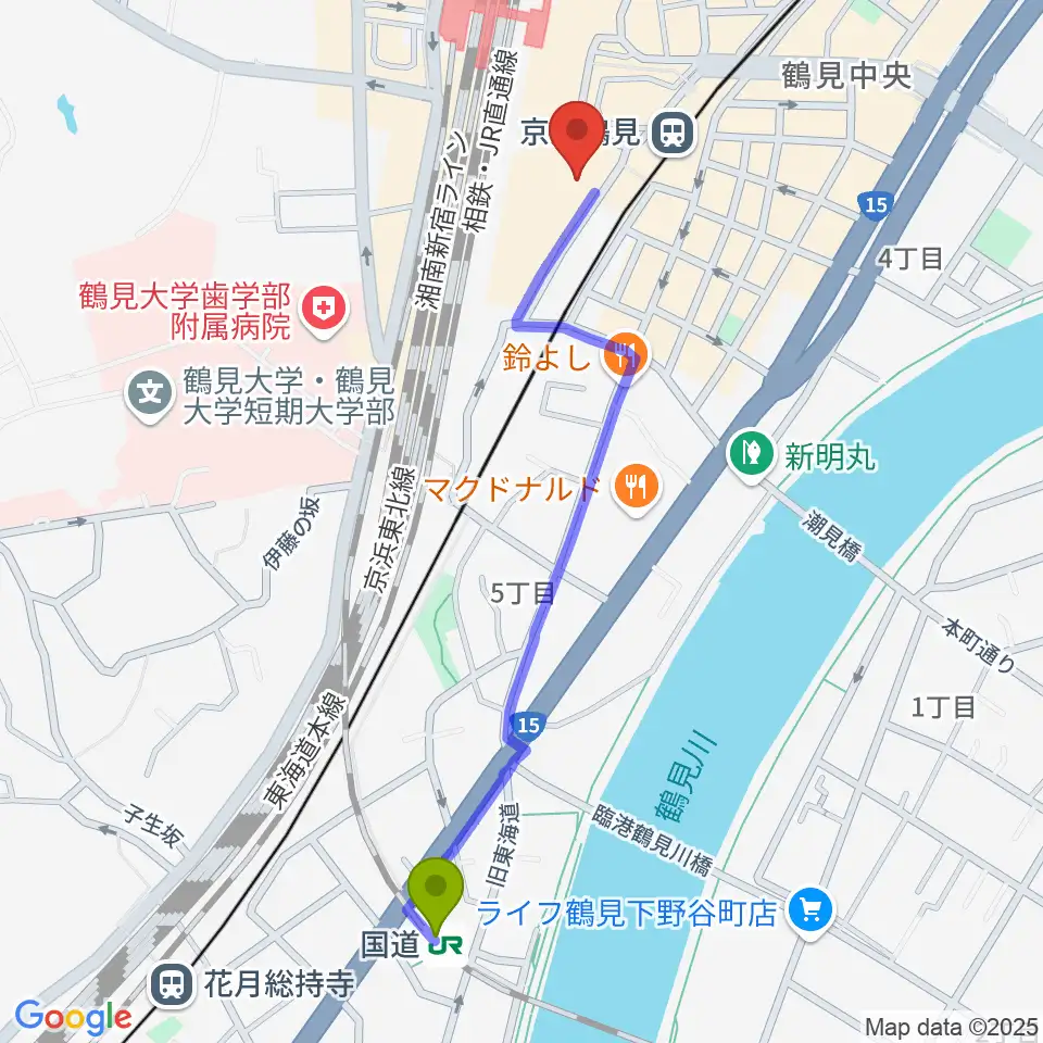 国道駅から鶴見新堀ギター音楽院へのルートマップ地図
