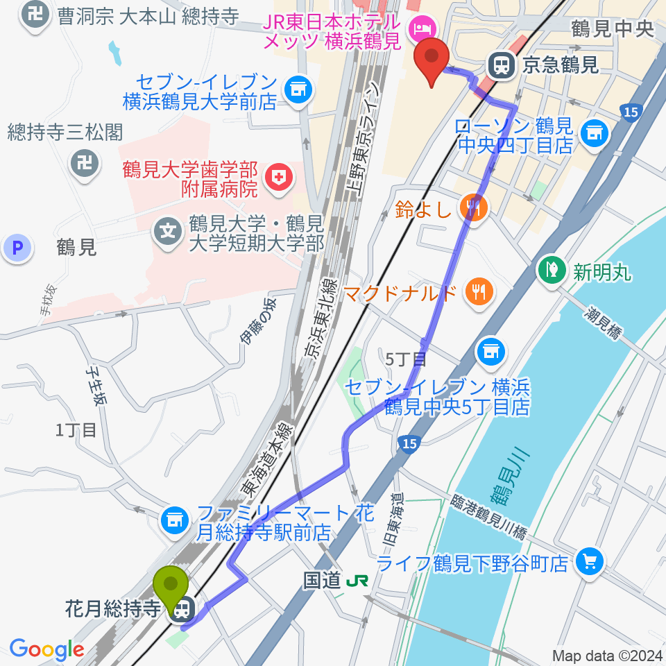 花月総持寺駅から鶴見新堀ギター音楽院へのルートマップ地図