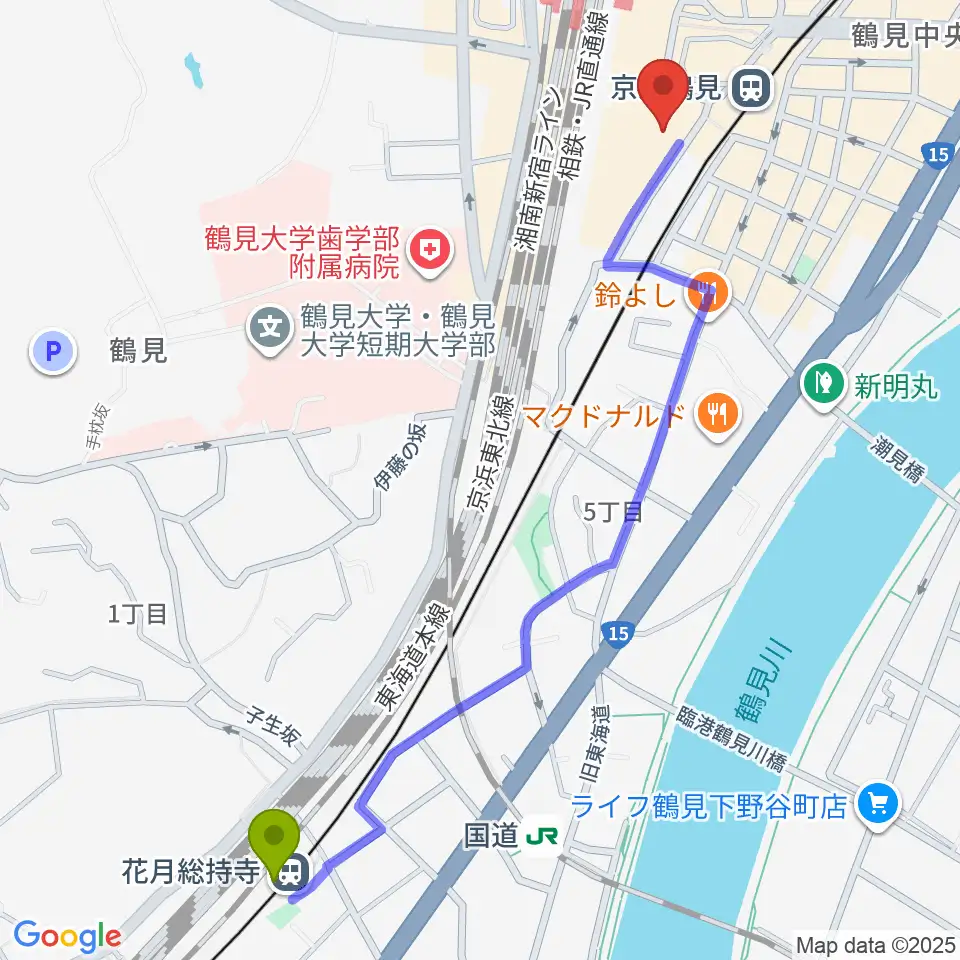 花月総持寺駅から鶴見新堀ギター音楽院へのルートマップ地図