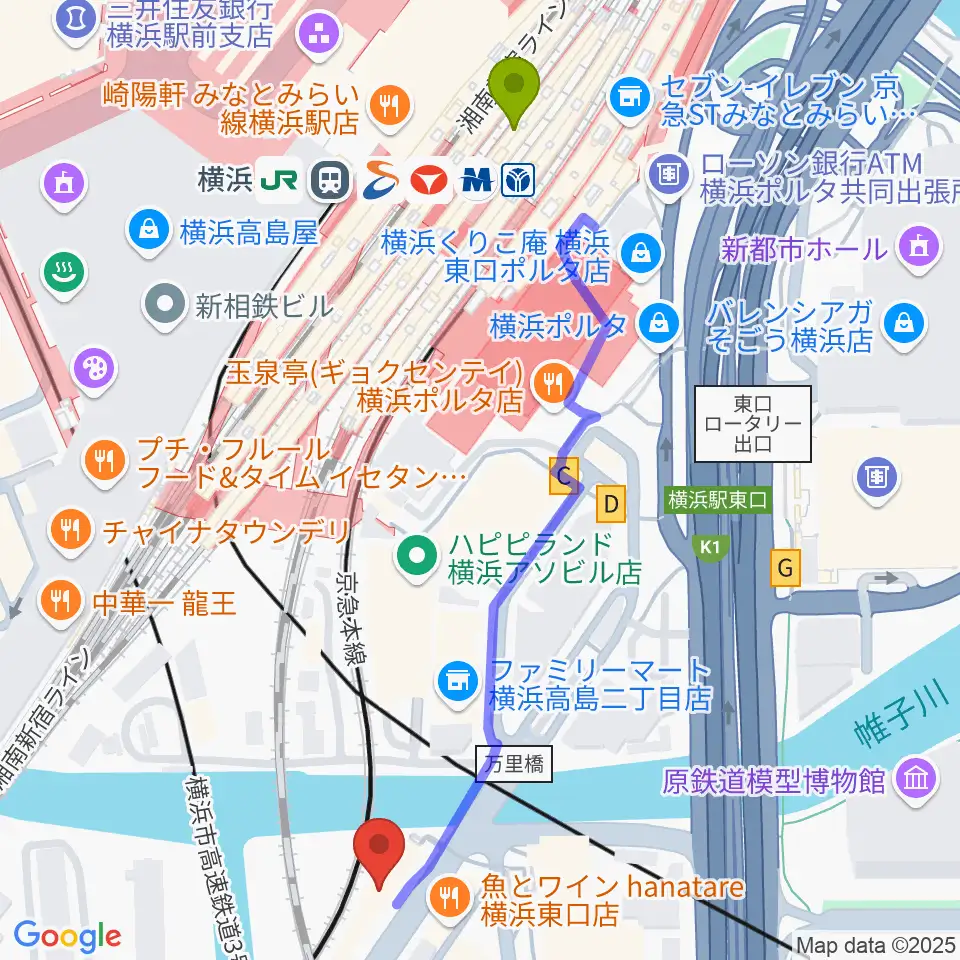 ラ・ジョイアギターアカデミーの最寄駅横浜駅からの徒歩ルート（約6分）地図