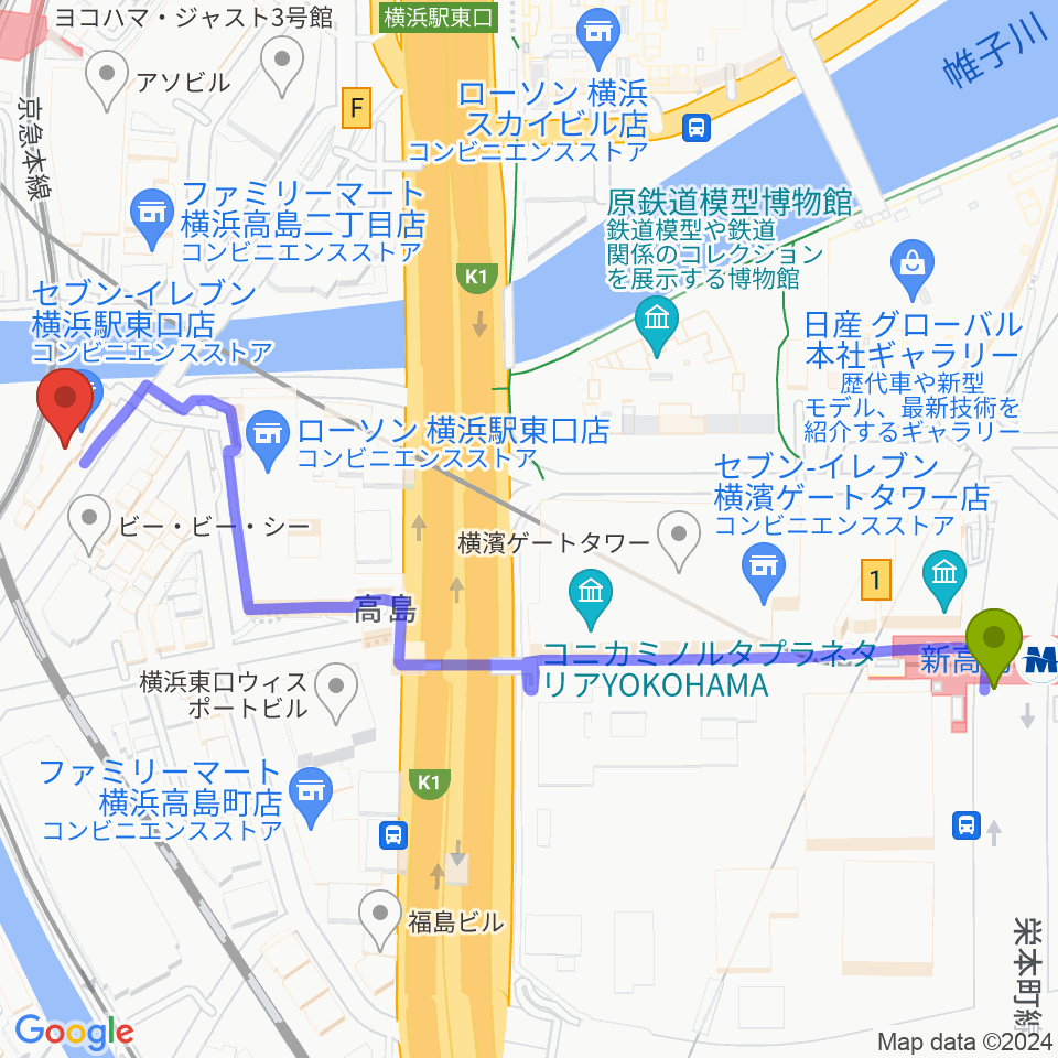 新高島駅からラ・ジョイアギターアカデミーへのルートマップ地図