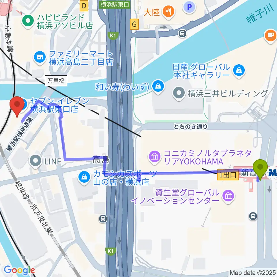 新高島駅からラ・ジョイアギターアカデミーへのルートマップ地図