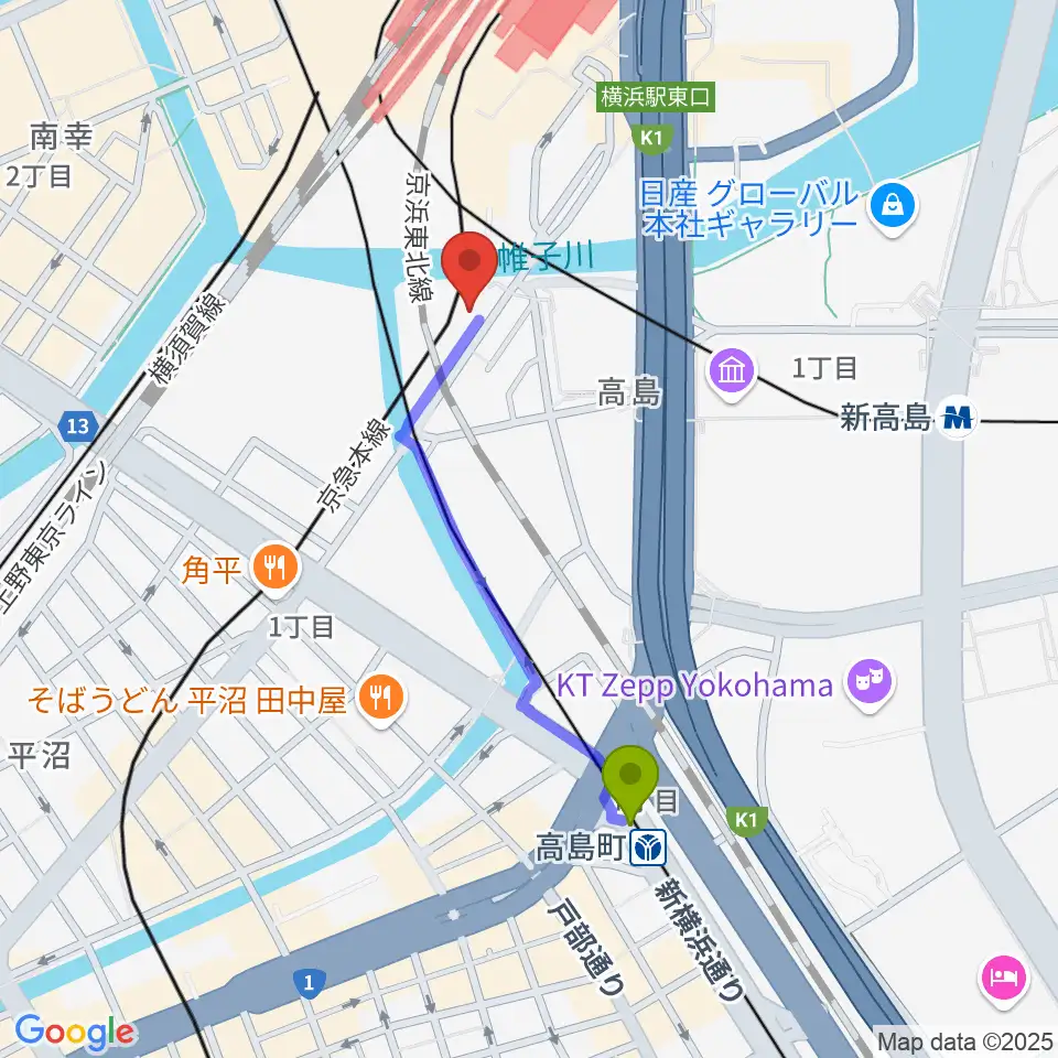 高島町駅からラ・ジョイアギターアカデミーへのルートマップ地図