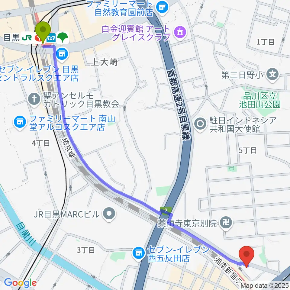 目黒駅から佐野ギター教室へのルートマップ地図