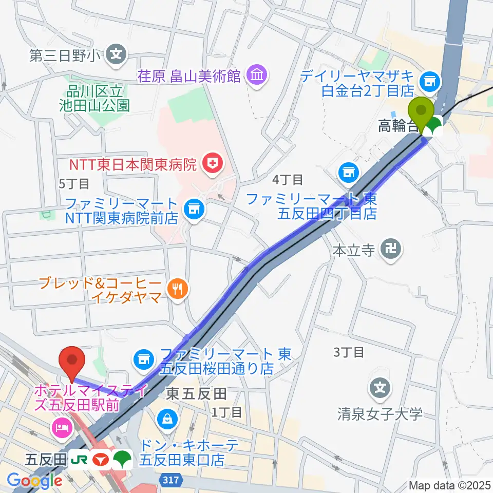 高輪台駅から佐野ギター教室へのルートマップ地図