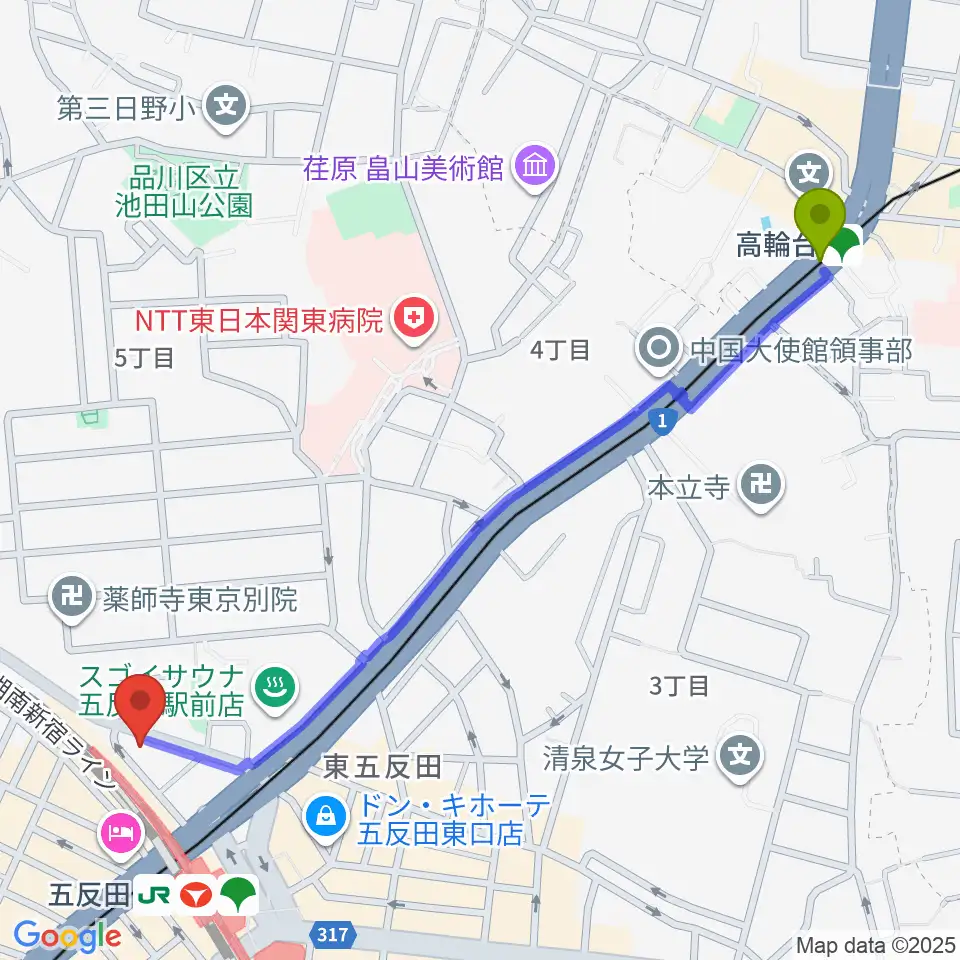 高輪台駅から佐野ギター教室へのルートマップ地図