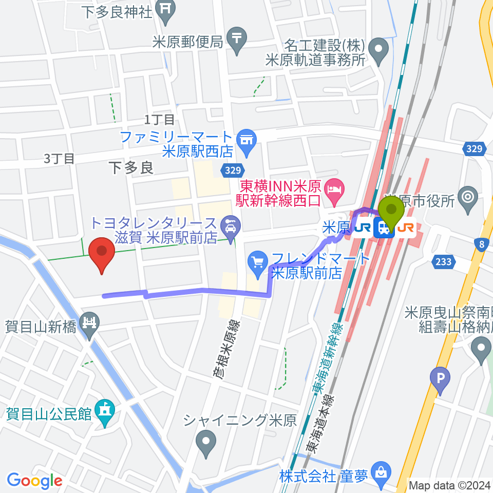 滋賀県立文化産業交流会館の最寄駅米原駅からの徒歩ルート（約9分）地図