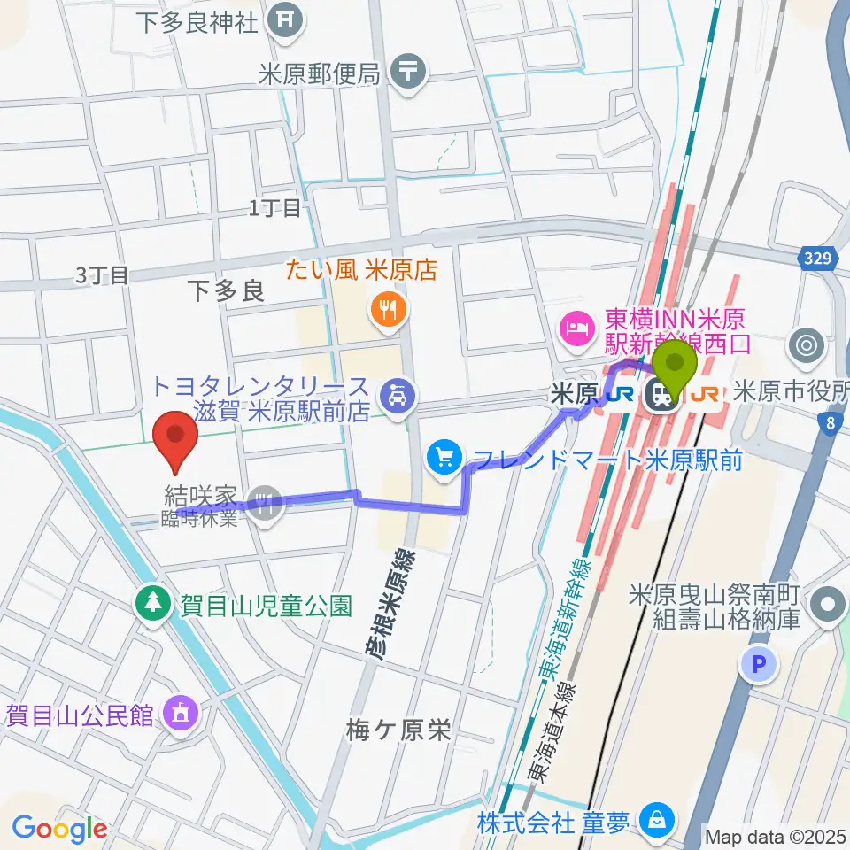 滋賀県立文化産業交流会館の最寄駅米原駅からの徒歩ルート（約9分）地図