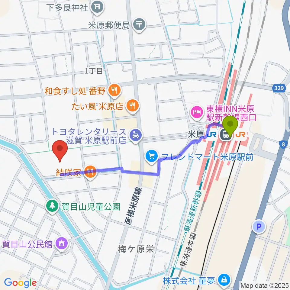 滋賀県立文化産業交流会館の最寄駅米原駅からの徒歩ルート（約9分）地図