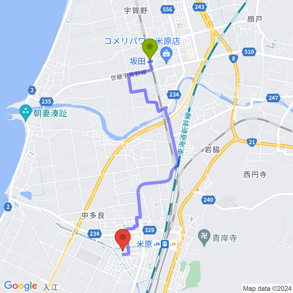坂田駅から滋賀県立文化産業交流会館へのルートマップ地図