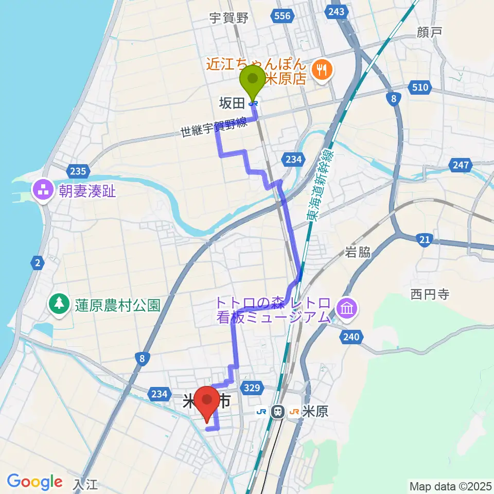 坂田駅から滋賀県立文化産業交流会館へのルートマップ地図