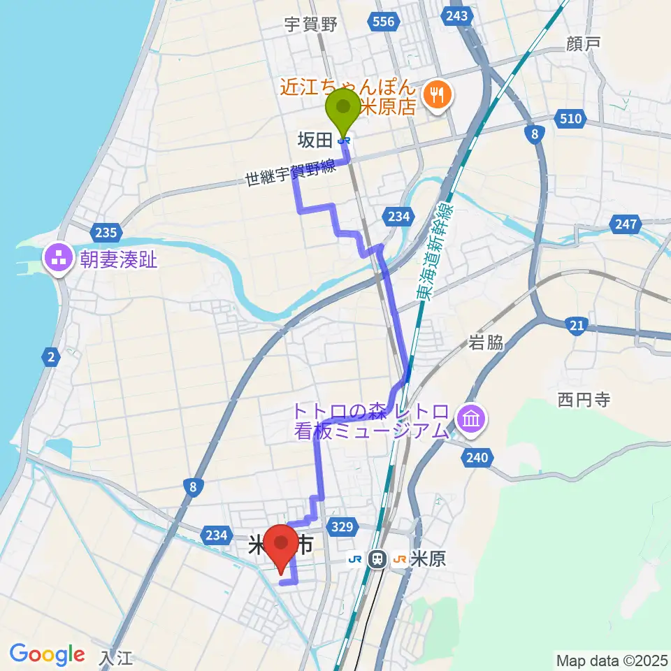 坂田駅から滋賀県立文化産業交流会館へのルートマップ地図