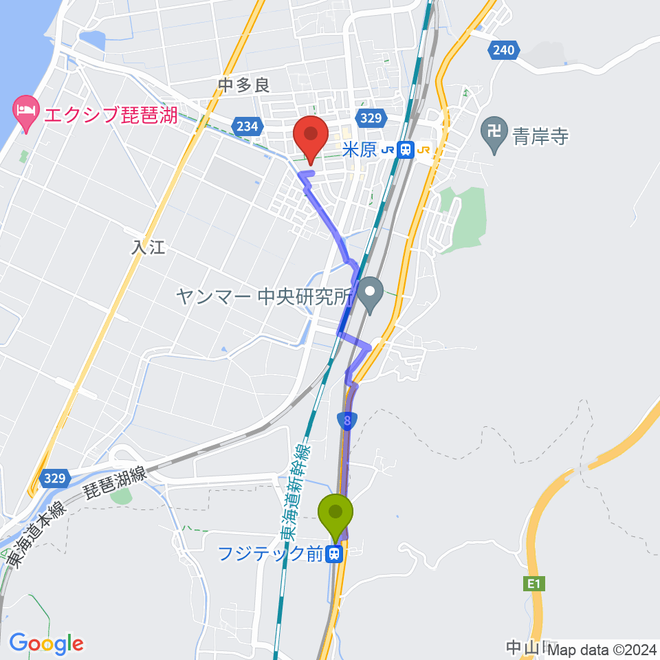 フジテック前駅から滋賀県立文化産業交流会館へのルートマップ地図