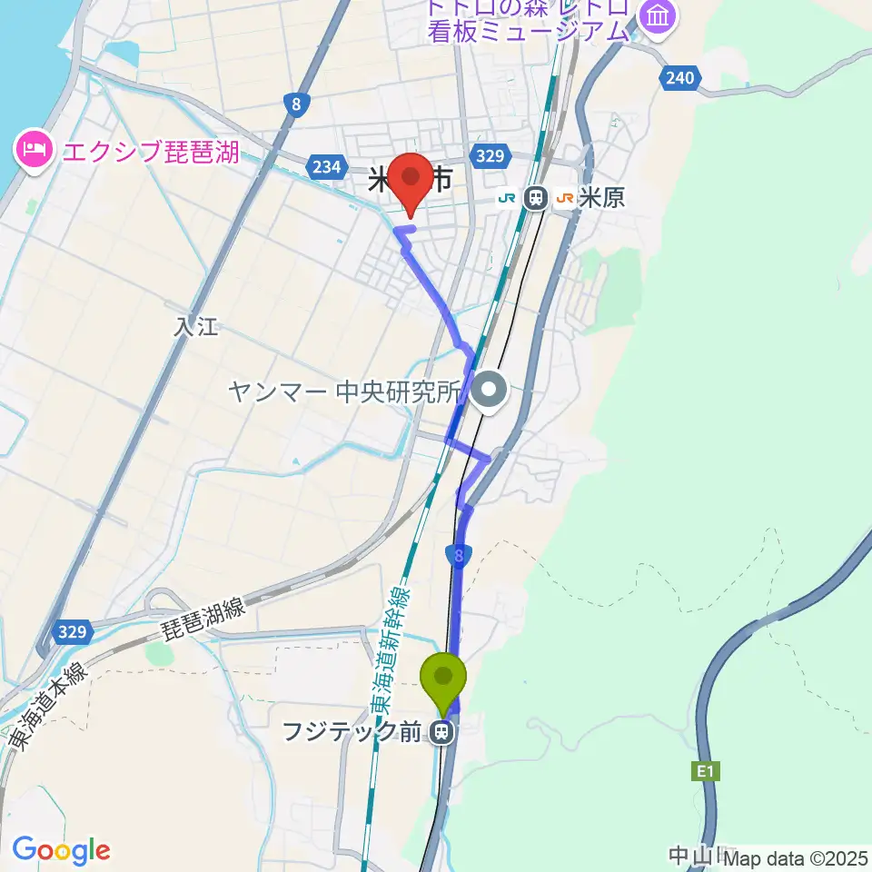 フジテック前駅から滋賀県立文化産業交流会館へのルートマップ地図