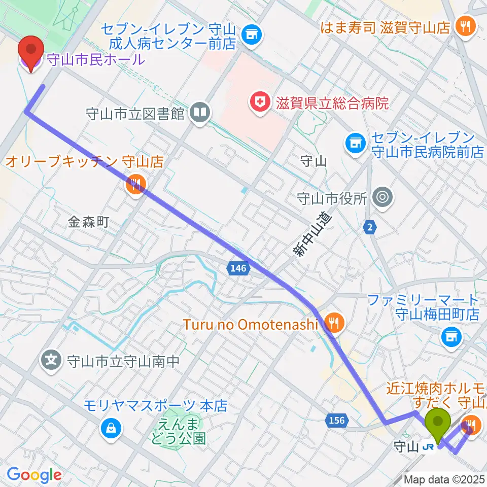 守山市民ホールの最寄駅守山駅からの徒歩ルート（約35分）地図