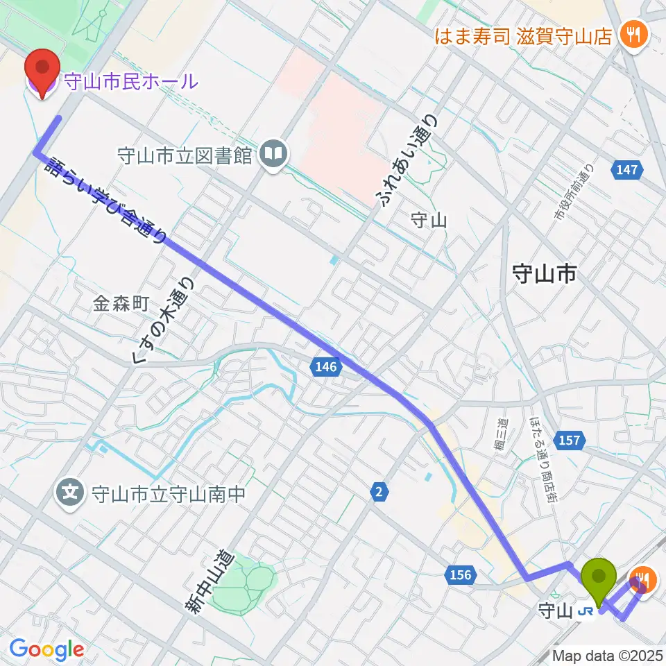 守山市民ホールの最寄駅守山駅からの徒歩ルート（約35分）地図