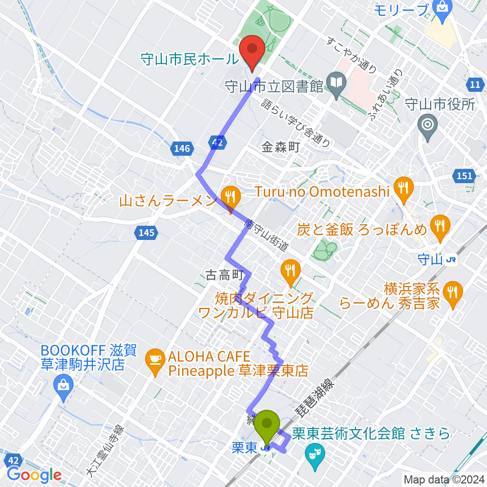 栗東駅から守山市民ホールへのルートマップ地図
