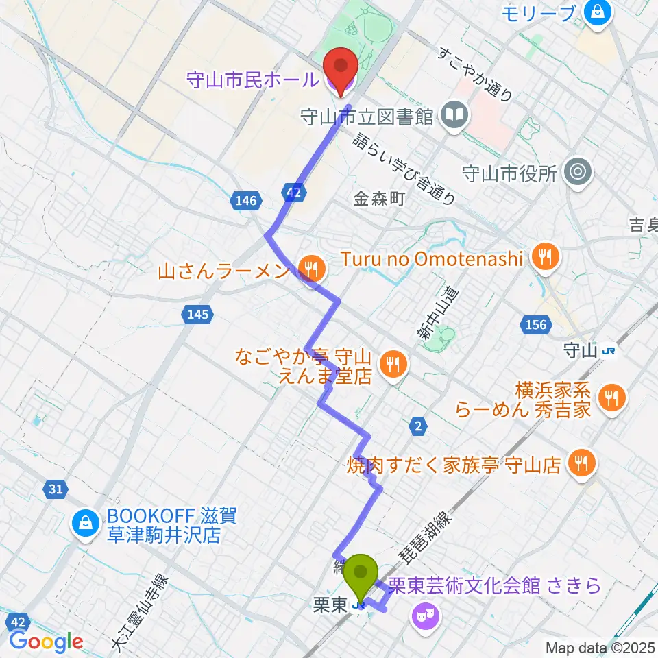 栗東駅から守山市民ホールへのルートマップ地図