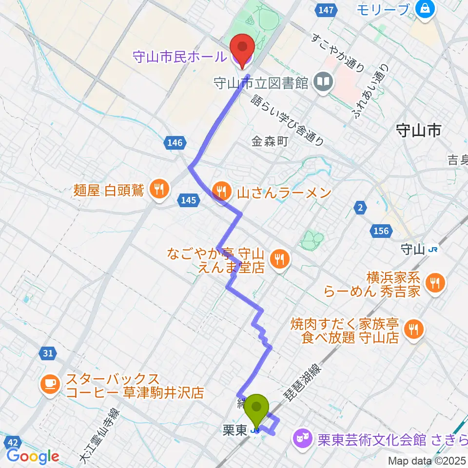 栗東駅から守山市民ホールへのルートマップ地図