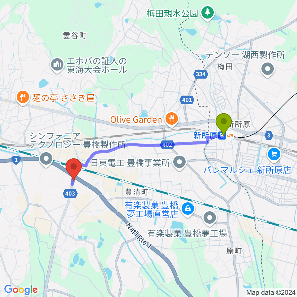 豊橋アバンティの最寄駅新所原駅からの徒歩ルート（約33分）地図