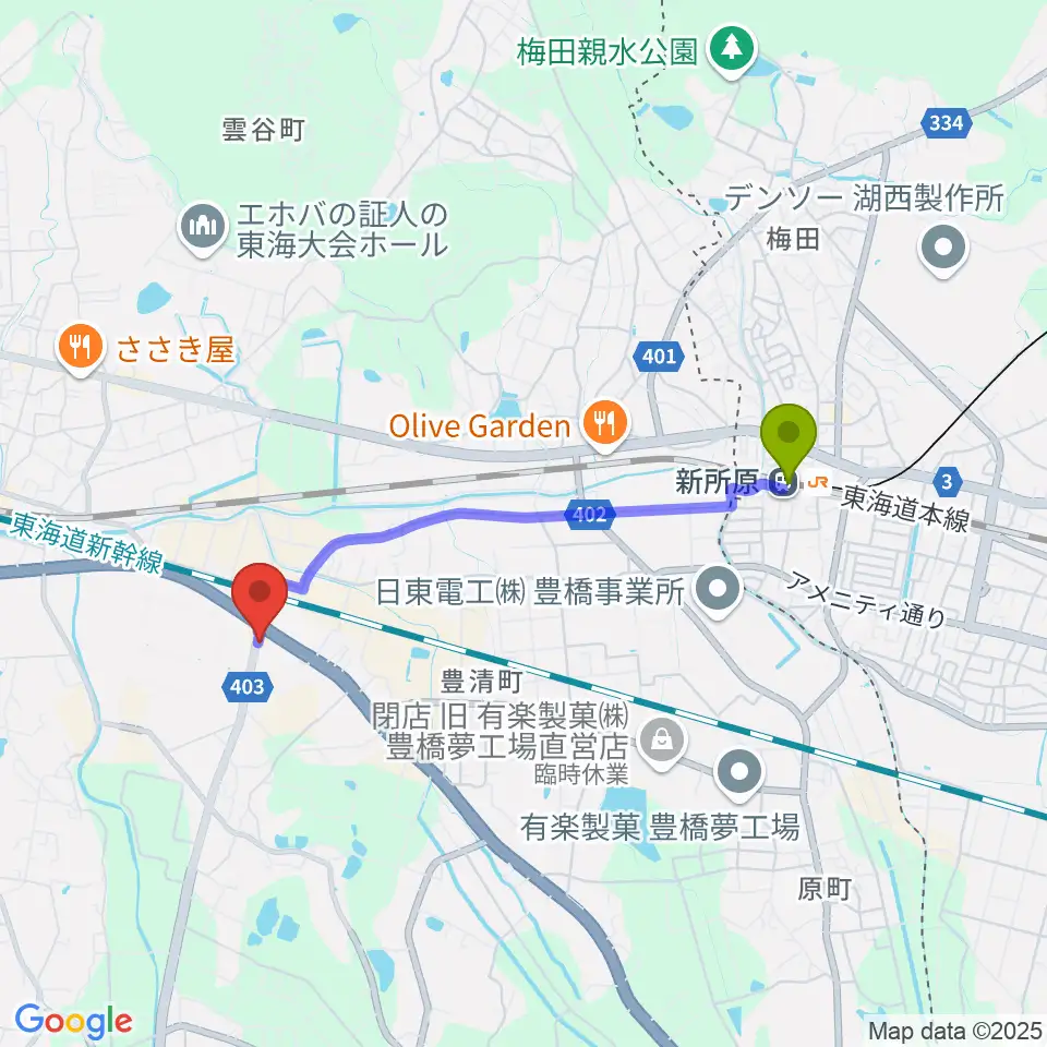 豊橋アバンティの最寄駅新所原駅からの徒歩ルート（約33分）地図