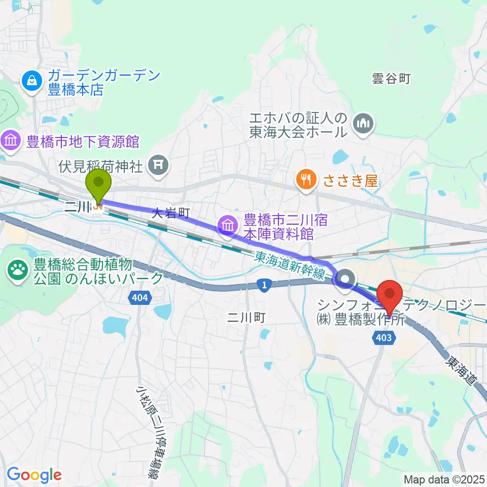 二川駅から豊橋アバンティへのルートマップ地図