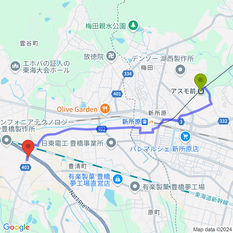 アスモ前駅から豊橋アバンティへのルートマップ地図