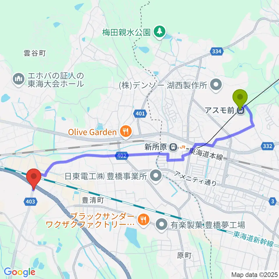 アスモ前駅から豊橋アバンティへのルートマップ地図