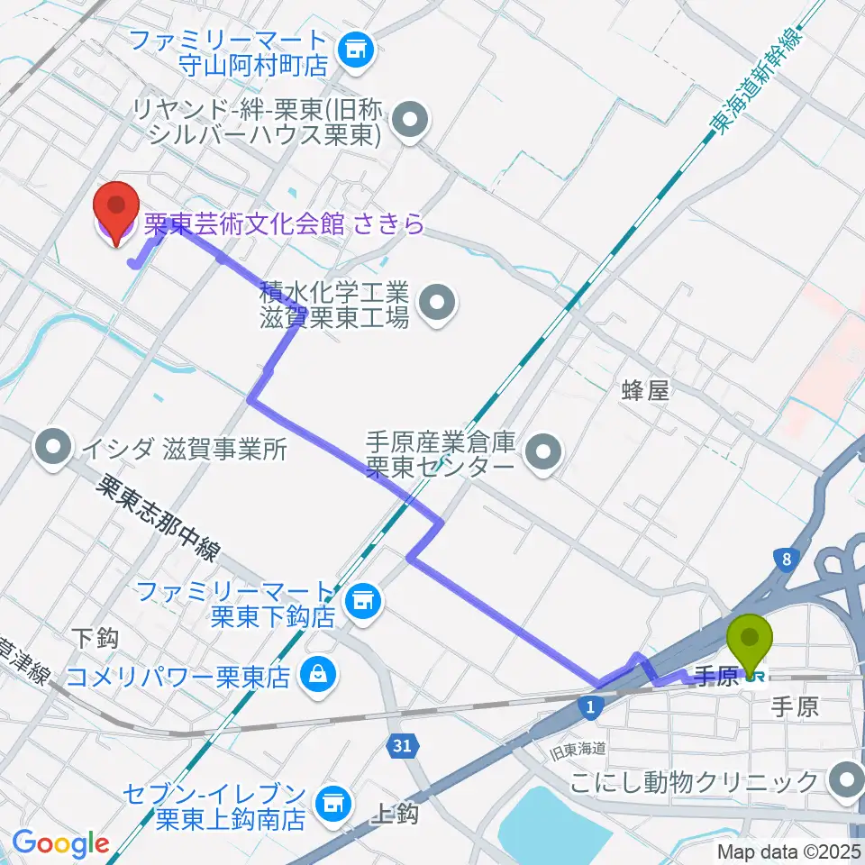 手原駅から栗東芸術文化会館さきらへのルートマップ地図